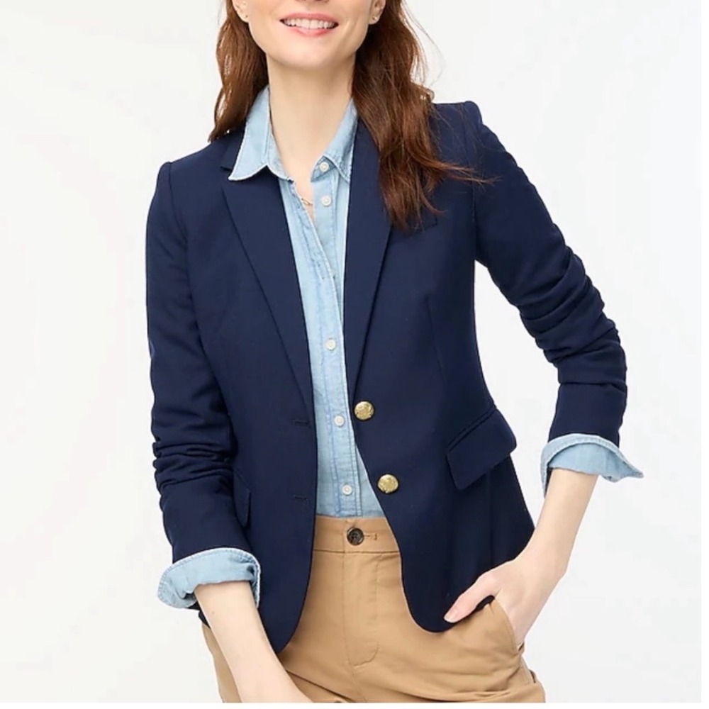 J.Crew Preppy Wool Blend Blazer Womens 12 Navy Blue Gold Crest Button AZ565